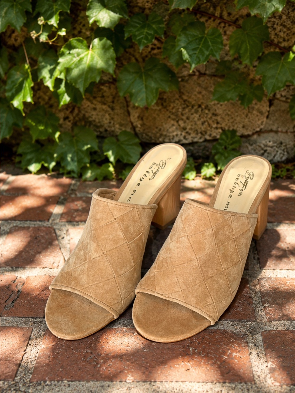 BETTYE BY BETTYE MULLER Luxury Chunky Block Heel Woven Tan Suede Mules, 9.5